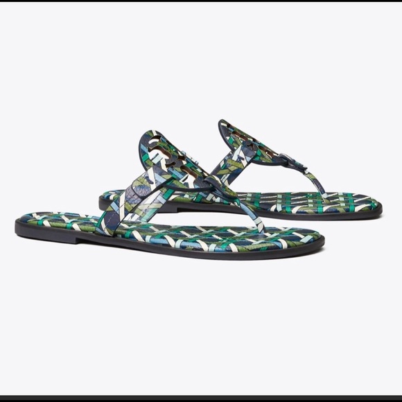 Tory Burch Millers Sandals Navy Basket -Weave Logo Green  7 🩴💚🤍 - Picture 3 of 12